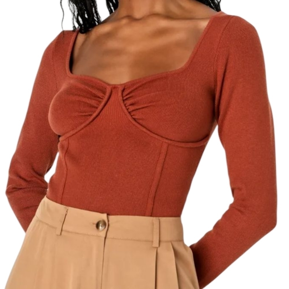 LULUS Aesthetic Essential Rust Brown Ribbed Seamed Long Sleeve Top NWT